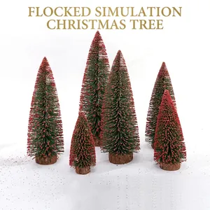 Mini Christmas Tree Tabletop Ornament With Wood Base Flocked Bottle Brush Design For Holiday Home Office Desktop Decoration