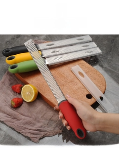 Detail of stainless steel lemon zester with non-slip handle and protective cover