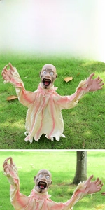 Detailed view of Halloween zombie lawn decor showing bloody robes and scary facial features