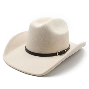 Classic cream felt western cowboy hat with brown leather belt and gold buckle decoration
