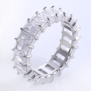 Classic stainless steel eternity ring featuring square-cut cubic zirconia in a prong setting