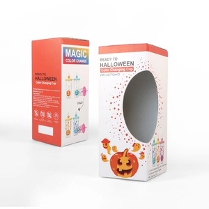 Detail view of the colorful Halloween pumpkin color changing cup packaging with instructions