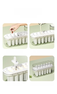 Step-by-step DIY popsicle mold guide showing fruit and liquid filling process