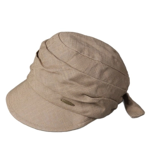 Women's khaki cotton linen newsboy hat with pleated design and metal logo detail