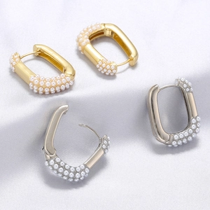 Geometric U-Shaped Hoop Earrings Brass With Imitation Artificial Pearls Fashion Hollow Square Ear Jewelry For Women