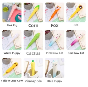 Collage of eleven cartoon animal shaped slow rising squishy pens in macaron colors
