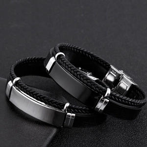 Men Double Layer Woven Leather Bracelet With Stainless Steel Plate Punk Hip Hop Style Fashion Wristband Accessory