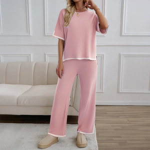 Women Knit Short Sleeve Top And Wide Leg Pants With Contrast Trim Casual Loungewear Comfort Daily Knit Outfit