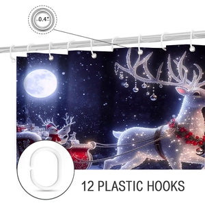 Detail of 12 plastic hooks and 0.4-inch metal grommets on a Christmas shower curtain