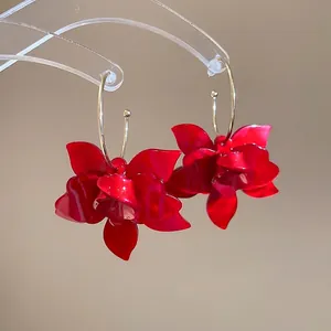 Chic red resin flower drop earrings with golden C-shape metal hooks for women