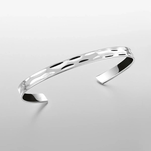 Minimalist silver stainless steel open bangle with hammered texture for men