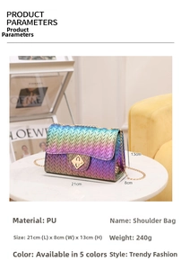 Detail view of woven gradient shoulder bag with golden chain and diamond lock