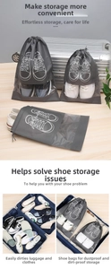 Detail of travel shoe storage bag with drawstring and transparent window for easy sorting
