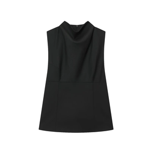 Chic black sleeveless high-neck top with elegant pleated collar and slim A-line silhouette