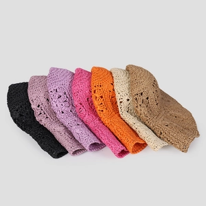 Detailed fan layout showing seven colors of foldable crochet hollow sun hats on grey background