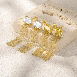Macro shot of S925 silver long tassel earrings with yellow and white marquise crystals