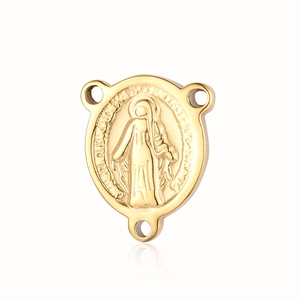 Detailed view of a gold stainless steel religious pendant connector with saint relief