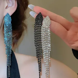 Waterdrop Rhinestone Long Tassel Earrings Copper Jewelry With 925 Sterling Silver Earring Post For Women Party Shiny