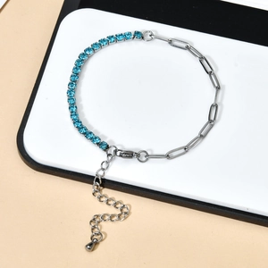 3mm blue square rhinestone paperclip chain bracelet in silver finish with lobster clasp
