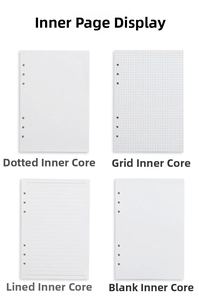 Detail of 6-hole binder refills in dot, grid, lined, and blank paper formats