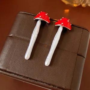 Mushroom Earrings With Alloy Imitation Artificial Pearl And 925 Sterling Silver Earring Post Vintage Red Enamel Women Jewelry