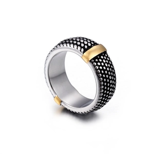 Retro stainless steel wide band ring with gold stud rivets and textured finish