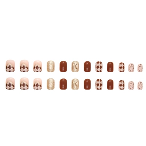 Brown and beige checkerboard press-on nails with gold glitter and stone pattern mix