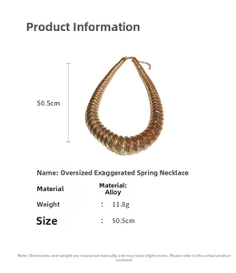 Detail view of bold gold choker necklace with spring texture and 50.5cm dimension markings