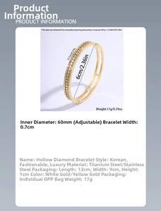 Detail showing dimensions of hollow sparkling stainless steel bracelet with 60mm diameter