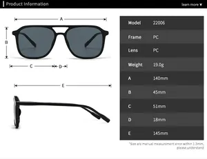 Detailed size specifications for square double bridge sunglasses showing frame dimensions
