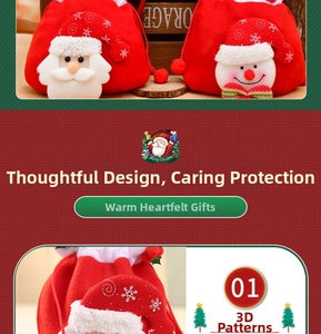 Detail view of 3D Santa and Snowman plush appliques on a red drawstring Christmas gift bag