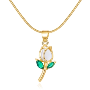 Elegant gold tulip necklace with white bud and green gemstone leaves on white background