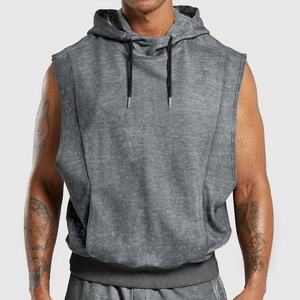 Men's dark grey hooded sleeveless gym shirt with snow wash texture and black drawstrings