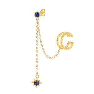Detail of gold star ear cuff with blue crystal pendant and delicate metal link chain
