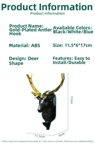 Detailansicht Hirschkopf-Haken mit goldenem Geweih, ABS-Material und Abmessungen