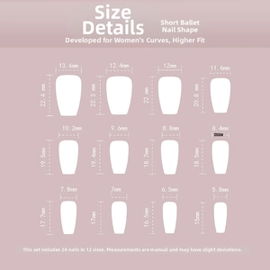 Size chart for short ballerina press-on nails showing 24 pieces in 12 various dimensions