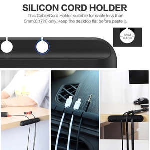 Black silicone cable holder for multiple USB cords showing usage on desk and car dashboard