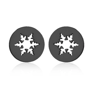 Detail of black geometric round earrings featuring delicate snowflake hollow cut-outs