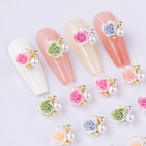 Macaron color 3D resin rose flower nail charms with pearls and golden metallic base