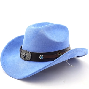 Detail of blue western cowboy hat with leather band featuring bull head metal buckle