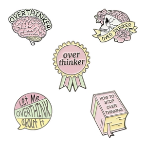5-piece pastel Overthinker enamel pin set with skull, brain, and book designs for apparel