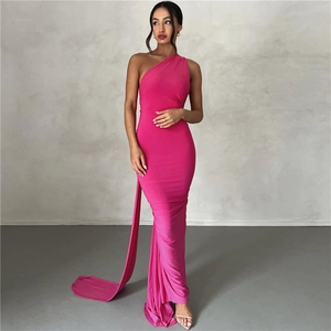 Detail of elegant rose red one-shoulder evening gown with floor-length draping sash