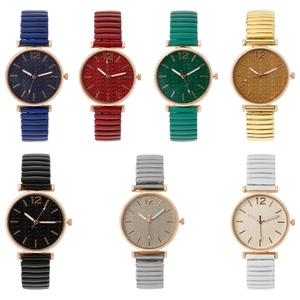 Detailed grid of seven women's watches featuring leaf texture dials and elastic bands
