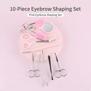 Pink 10-piece professional eyebrow grooming set with stainless steel tools on display