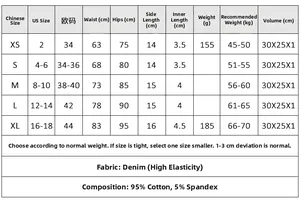 Tableau des tailles pour short en jean taille haute avec mesures US et EU détaillées