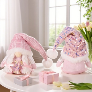 Pink Christmas gnomes set with sequins and knitted hats for festive home decor gift