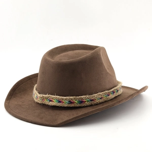 Detail of dark brown faux suede western cowboy hat with colorful ethnic woven band
