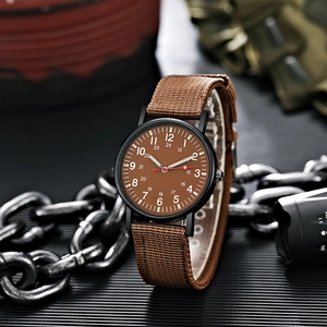Outdoor tactical men's quartz watch with brown nylon strap and black metal case