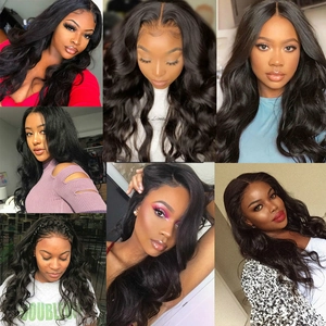 Detail collage of natural black body wave lace front wigs shown on diverse models