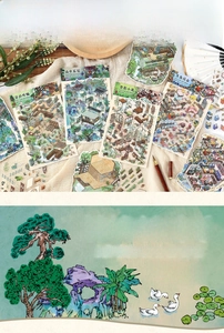 DIY scene stickers set featuring Chinese garden architecture with PET sheets and scene cards